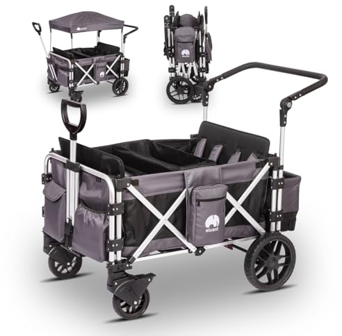 elvent® FamilyStar 4 Sitzer Bollerwagen | Handwagen faltbar mit Dach I Sitzpolster, Hecktasche, Feststellbremse, PU-Reifen, 5-Punkt-Gurte für 4 Kinder, Teleskop-Zugstange