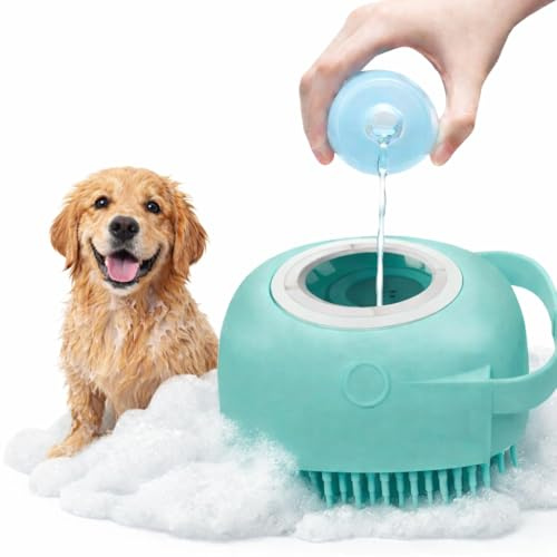 LEO-PAUL Brosse de Bain en Silicone Souple pour Chien - Réservoir Distributeur de Shampoing Intégré - Massage et Toilettage Doux pour Poils Courts et Longs (BLEUE)