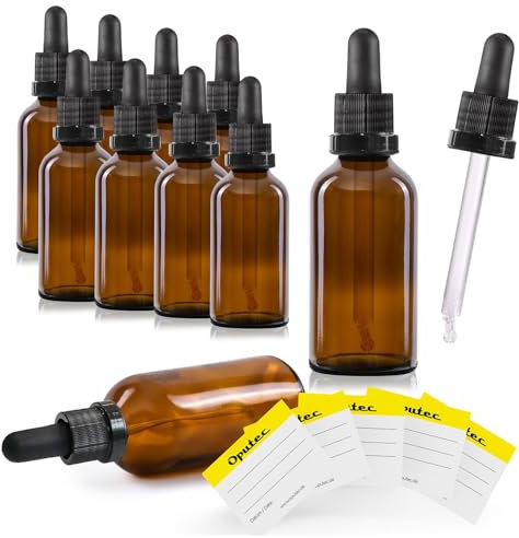 Oputec Lot de 10 flacons à pipette en verre marron avec pipette en verre + 10 étiquettes – Flacon de pharmacie pour aromathérapie, cosmétique, compte-gouttes protégé de la lumière, pour applications