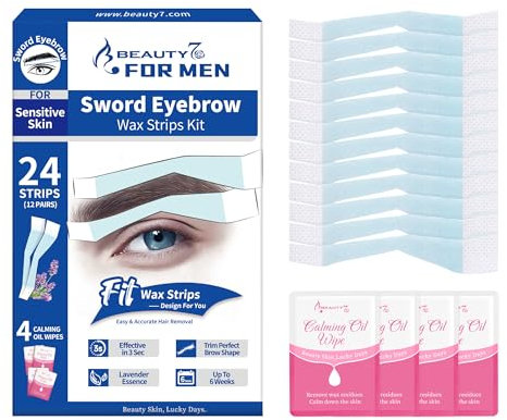 Beauty7 Bandas de Cera Fría Depilatoria Facial de Sword Cejas Hombres para Pieles Sensibles, 24 Tiras de Cera con 4 Toallitas Calmantes