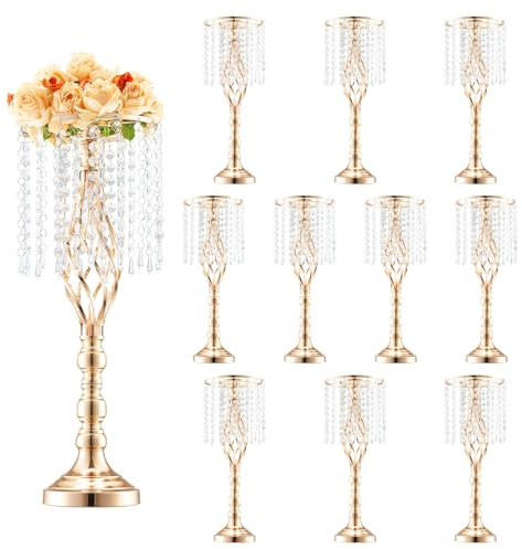 VEVOR 10PCS 55cm/21.65” Tall Crystal Wedding Flower Stand, Metal Wedding Centerpiece Vase, Gold Flower Holders Floral Display Rack for Tables Wedding Dinner Party, Ceremony Birthday Event Decor