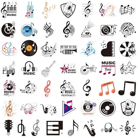 50 pegatinas musicales resistentes al agua para botellas de agua, vinilo, scrapbook, computadora portátil, guitarra, coche, moto, monopatín y equipaje