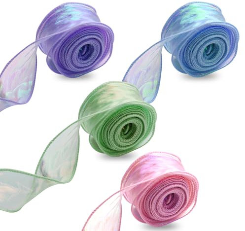 Seidenband, 4 Rollen 4CMX 9M Organzaband 4 Farben Schleifenband Farbiges Dekoband für Basteln Geschenkbandschleifen Hochzeit(Blau Grün Lila Rosa)
