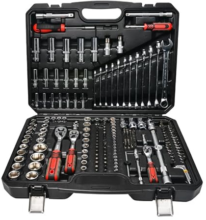 Schmith Kit d'Outils dans une Malette - Clé à Douille, Embouts, Cliquet 72 Dents et Accessoires - 1/4” 1/2” 3/8 - Coffret de Douilles - 222 Pièces
