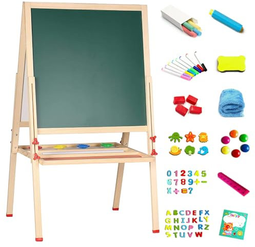 Tafel Holz Kindertafel Malerei Holztafel Doppelseitige Kreidetafel und Whiteboard Höhenverstellbar Standtafel mit Magneten und Zubehör (ab 3 Jahre)