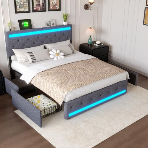 PerGar Bett 140x200, Polsterbett Doppelbett mit LED Beleuchtung und USB Ladefunktion, Boxspringbett Bettgestell mit 4 Schubladen und Verstellbares Kopfteil, Leinenstoff, Dunkelgrau, Ohne Matratze