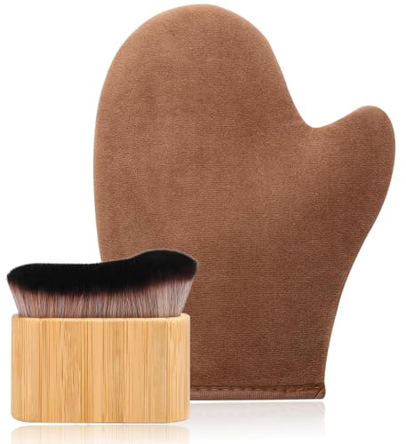 2 in 1 Streak-Free Tanning Mitt Set - Leakproof-lined Self Tanner Mitt, Log Tanning Brush, Reusable Self Tanning Mitt and Brushes, Self Tanner Brush for Self Tan Applicator for Lotion, Mousse