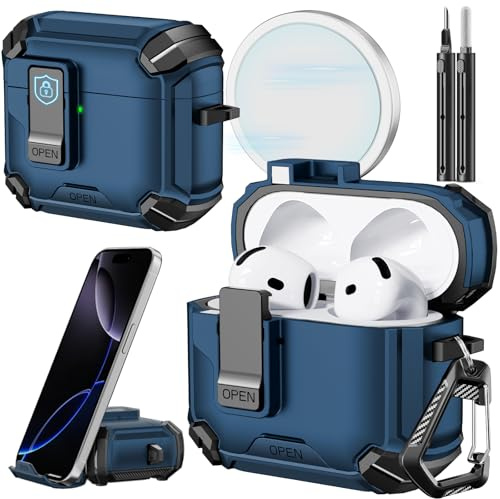 Inesore for AirPods 4 Hülle (2024) with Phone Stand Design, Compatible with MagSafe, Auto-Locking Case Cover for Air Pods 4 with Cleaning Kit & Keychain, Blue