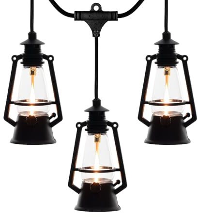 Festive Living 10 Light LED Flicker Flame Plastic Oil Lamp String Set, 20ft Black Wire – Indoor/Outdoor Vintage Flame Effect