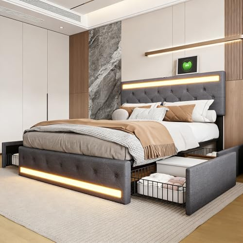 BRILVERDE Klädd säng 180 x 200 med förvaringsutrymme, dubbelsäng med LED och USB, ungdomssäng med 4 lådor, sängram med huvudgavel och ribbotten (grå, 180 x 200 cm)