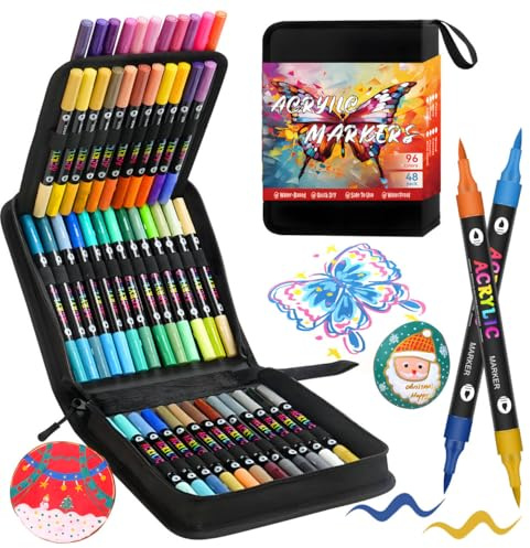 Laconile 48 Colores Marcadores Acrílicos, Doble Punta, Rotuladores Permanentes a Base de Agua, Secado Rápido, para Cerámica， Madera, Tela, Lienzo y Metal, con Bolso de Lona | Acrylic Paint Markers
