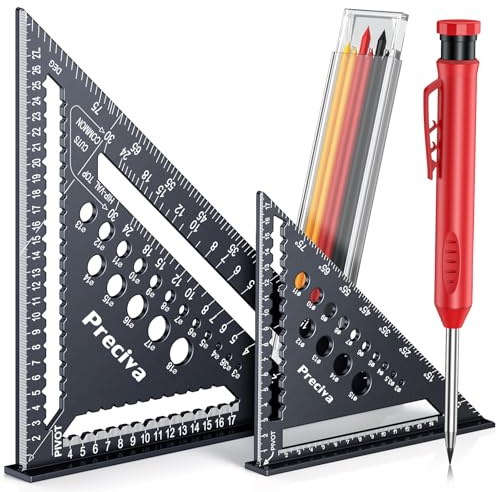 Squadra da Falegname 5 in 1, Squadra Combinata per Legno con 7‘’ e 12‘’, Righello Angolare Multiuso in Alluminio con Funzione di Foratura, con Matita Carpentiere e Ricariche Mine