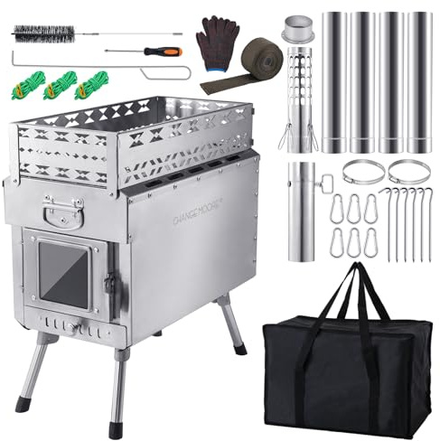 CHANGE MOORE Outdoor Medium Sauna Hot Tent Stove, Portable Camping Wood Stove for Dry Sauna Tent with Pipe Anti-scalding Roll Cloth, No Openable Top, Cooking for Husband and Friends 3.0