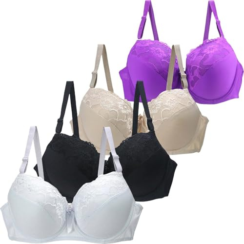 Cocila 4 Pack Lace Bras for Women UK Underwire Push Up Comfort Wireless Seamless Full Coverage Lightweight High Impact Support Bra Adjustable Straps Everyday Wear Sports Plus Size Women's Bras Gift
