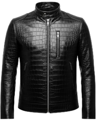 Luxury Men's Black Crocodile Pattern Real Leather Biker Jacket - Premium Slim Fit, Motorbike Style (MEDIUM)