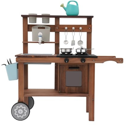 TaNeHaKi Ensemble de cuisine de jeu, jouet de cuisine avec roues, cuisine de jeu de jardin avec arrosoir, pots de fleurs et boîtes de rangement latérales, cuisine pour enfants pour l'extérieur