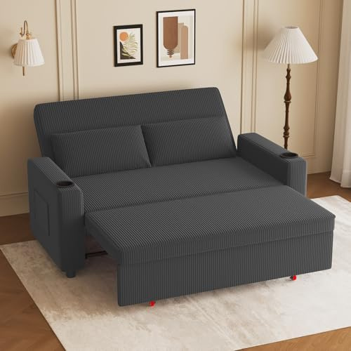 JUMMICO Schlafsofa 2 Sitzer klein Sofa mit Schlaffunktion Schlafcouch Ausziehbar mit Kissen Couch Cord-Bezug Klappsofa Für Wohnzimmer Schlafzimmer,75T x 160B cm,Blauschwarz