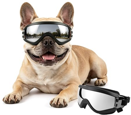 PETLESO Hundebrille für Mittlere Hunde Anti-UV Winddicht Hunde Motorradbrille mit Einstellbar Gummiband, Hundesonnenbrille für Mittlere Rassen-Silber, M