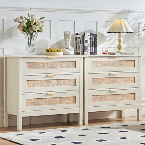 LEYAOYAO 31.5 Wide Rattan Night Stand, Large Boho Nightstand, Bedside Table with Storage, Tall Bed Side End Tables, Chest of Drawers for Bedroom, Living Room, Hallway（Grey,3 Drawers,2）