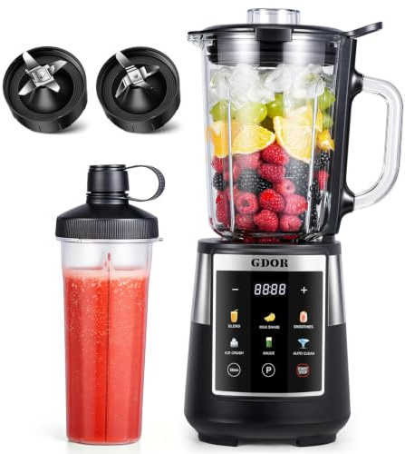 GDOR Licuadora profesional con 6 programas preestablecidos, licuadora de batidos de 1300 W para trituración de hielo y frutas congeladas, jarra de vidrio de 64 onzas y combo de tazas To-Go de 22 onzas