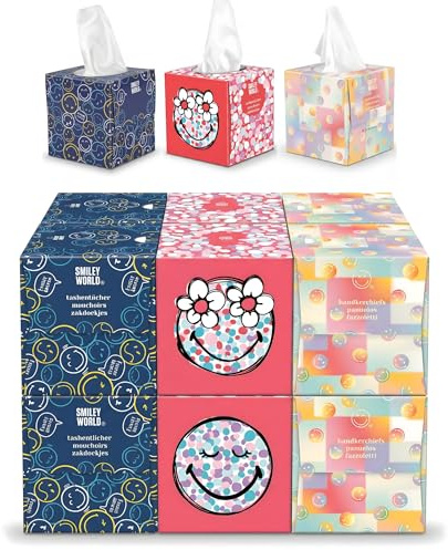SMILEYWORLD Ultra Soft Taschentücher – 12 Würfelboxen x 48 Blatt (576 Blatt gesamt), 3-lagig – 3 Designs – Taschentuchbox für Zuhause & Büro (Pop Edition)