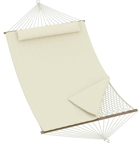Garvee Double Quilted Hammock for 2 Person, 3.5m Large Garden Hammock with Wooden Spreader Bar & Detachable Pillow, 204kg Capacity Outdoor Swing Bed with Chains, White
