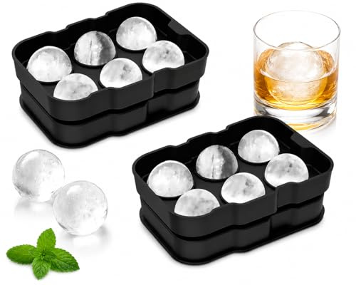 2 Pack Ice Ball Maker Mold, BPA-Free Reusable Round Ice Cube Tray, Easy Release Large Ice Sphere Molds for Whiskey, Bourbon, Scotch, Cocktails & Drinks, Black