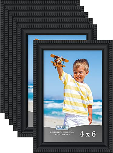 Icona Bay 6x4 inch Picture Frames (Black, 6 Pack) Beautifully Detailed Moulding, Contemporary Picture Frame Set, Wall Mount or Table Top, Inspirations Collection