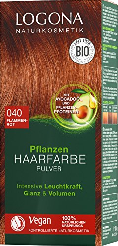LOGONA Naturkosmetik Pflanzen-Haarfarbe Pulver 040 Flammenrot, Mit Avocadoöl, Kupferiges Rot, Vegan & Natürlich, Rote Natur-Haarfarbe mit Henna, Coloration, 100g
