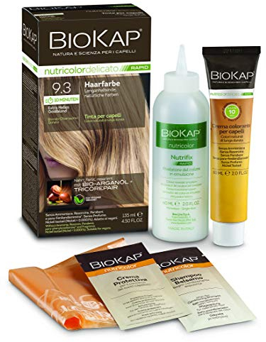 BIOKAP RAPID Permanente Haarfarbe 9.3 Extra Helles Goldblond | NUR 10 MINUTEN EINWIRKZEIT | Bio Arganöl - TricoREPAIR Komplex - VEGAN | Optimale Grauabdeckung | Bis zu 80% natürliche Inhaltsstoffe