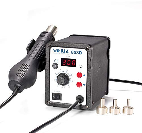 CGOLDENWALL Pistola de calor de 700 W, pistola de aire caliente ajustable, kit de herramientas de retrabajo de estación de desoldado, pantalla LED con 3 boquillas (858D + paquete 3)