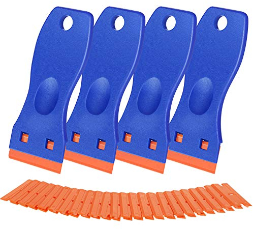 4 Pieces Plastic Razor Scraper Tools with 100 Pieces Plastic Razor Blades Sticker Remover Scraper for Stickers Labels Decals Window Cleaning