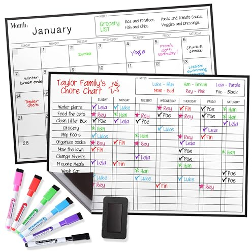 Magnetic Dry Erase Whiteboard Calendar & Chores Chart for Fridge Bundle: Includes 2 Large Whiteboards, 6 Markers, & Eraser - Perfect Kitchen Organiser, Notice Board, and Monthly Planner - 17x 12