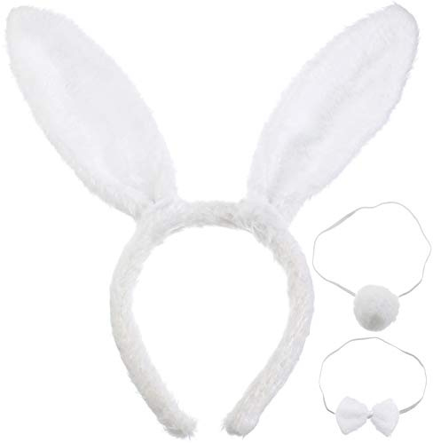 WILLBOND Accesorios de Disfraz de Conejito Cosplay Diadema de Felpa de Orejas de Conejo de Pascua Cola y Lazo de Conejo para Niños Adultos Favor Fiesta Pascua o Decoración (Blanco)