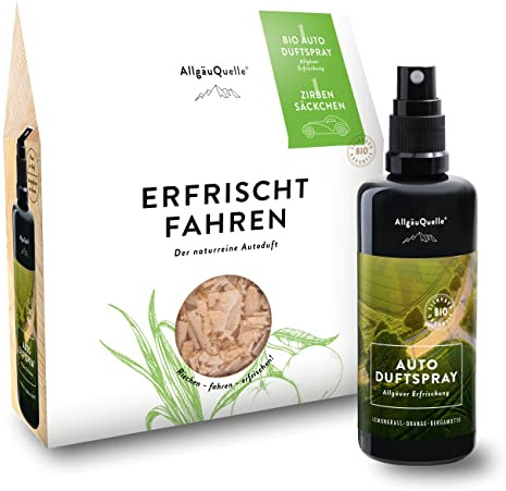 AllgäuQuelle® Bio Auto-Duftspray | Natürlicher Duftspender Mit Lemongrass, Orange und Bergamotte | Ideales Zubehör für Innenraum und Wohnmobil