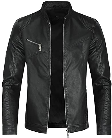 Sliktaa - Chaqueta de piel sintética ecológica de invierno con un cuello alto, de entretiempo, tipo motero, piloto, cremallera, informal, cuero, fresco, clásico, Negro B, XXL