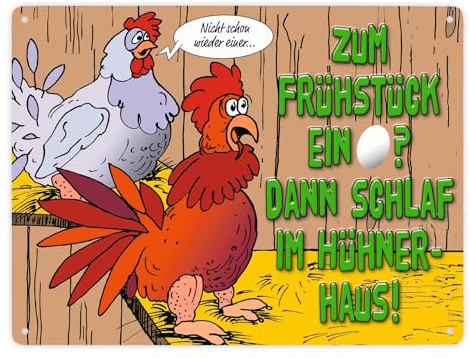 Metallschild XXL in 28x38 cm Frühstücksei mit Hühnern und Spruch Hünerhaus Henne schlafen Eier legen Hühnerstall frische Eier Henne brüten Frühstück Sonntag Geschenk für Bauern