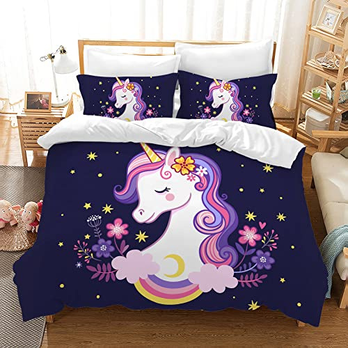 PQCXXA Kinder Einhorn Bettwäsche Mädchen-Bettwäsche Set Rosa 3D Cartoon Einhorn Bunt Blume drucken Bettbezug Set mit Reißverschluss und Kissenbezug 50x75cm (220x240 cm, G)