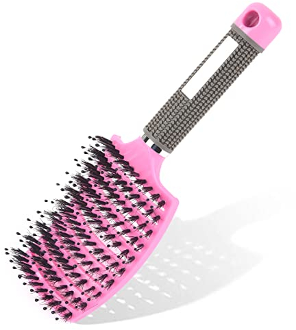 URAQT Haarbürste, Profi Entwirrungsbürste mit Griff, Haarbürste ohne Ziepen, Wildschweinborsten Haarstyling Bürste für Locken Lange Feine Dicke Lockige Haare (Rosa)