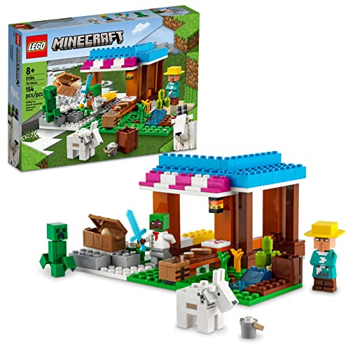 LEGO Minecraft The Bakery Bauset 21184 Spiel-inspiriertes Minecraft-Spielzeug-Set für Kinder, Mädchen, Jungen ab 8 Jahren, mit 3 Minecraft-Figuren und Ziege, mit Dorf und Schatztruhe Zubehör,