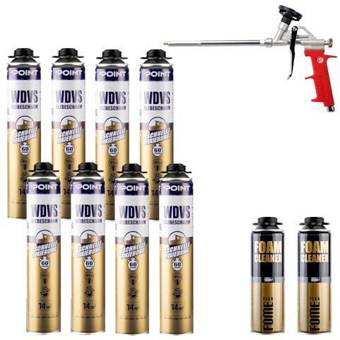 Dämmstoffkleber für EPS- & XPS-Platten | Klebeschaum-Set für Dämmung | Bauschaum |Perimeterkleber | 8x 850ml Pistolenschaum, PU-Schaumreiniger & 1 Schaumpistole (SET 2)
