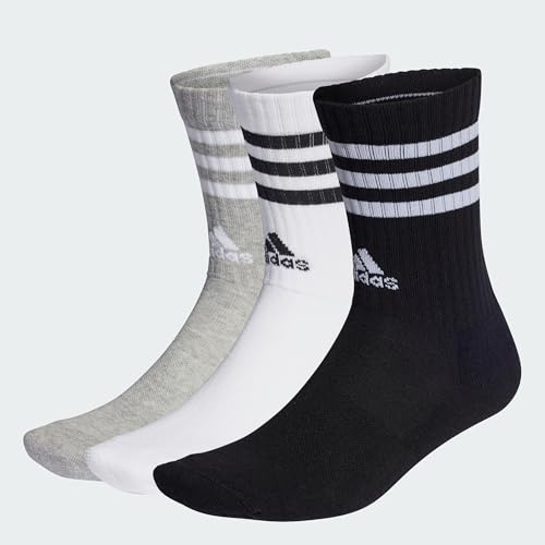 adidas Mixte 3-Stripes Cushioned Crew Socks 3 Pairs, Medium Grey Heather/White/Black/White, 8.5-10
