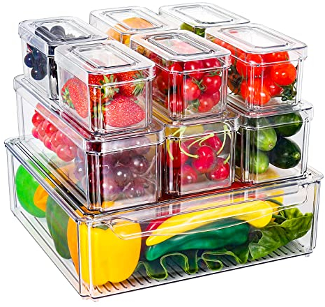 Diealles Shine Kühlschrank Organizer Set, 10er Set Ordnungsboxen Kühlschrank mit Deckel, Durchsichtig Kühlschrank Boxen Stapelbar, Aufbewahrungsbox Kühlschrank für Küchen Schränke