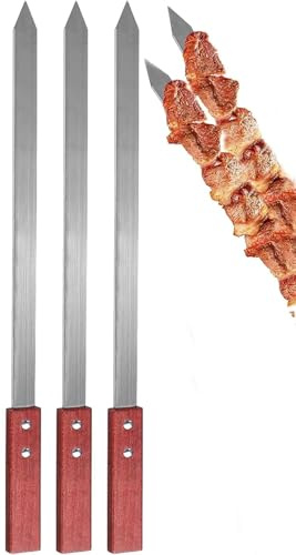 D.I.L© 3pc x Long BBQ Barbecue Skewers Wooden Handel Set of BBQ Grilling Kebab Skewers Flat Reusable Metal Skewer Sticks Cocktail Shish Kabob 60CM Long