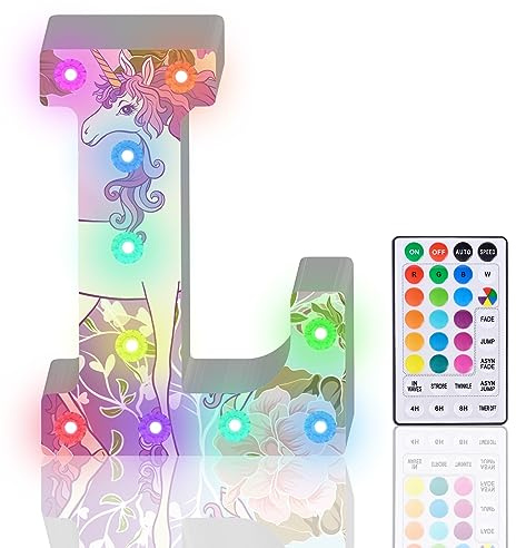 Light Up Letters, Glitter LED Letter Lights 18 Color Changing Diamond Alphabet Sign Night Light with Remote Control for Girls Gifts Birthday Bar Wedding Party Christmas Valentine Wall Table Decor - L