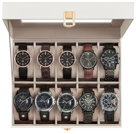 SONGMICS Watch Box, 10-Slot Watch Case Organizer with Large Glass Lid, Removable Pillows, Gift for Loved Ones, Cloud White Synthetic Leather, Cappuccino Beige Lining UJWB010W01