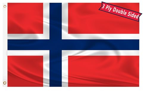 Bandera noruega de 3 x 5 capas de doble cara con bandera de Noruega de fibra de poliéster de color brillante con cabecera de lona duradera y 2 ojales de latón que no se decoloran