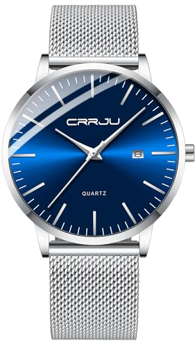CRRJU Herren Uhr Ultra Dünne Wasserdicht Armbanduhr Herren Mode mit Schwarz Edelstahlband Mesh Analog Quarz Business Männer Uhren (Silber Blau)