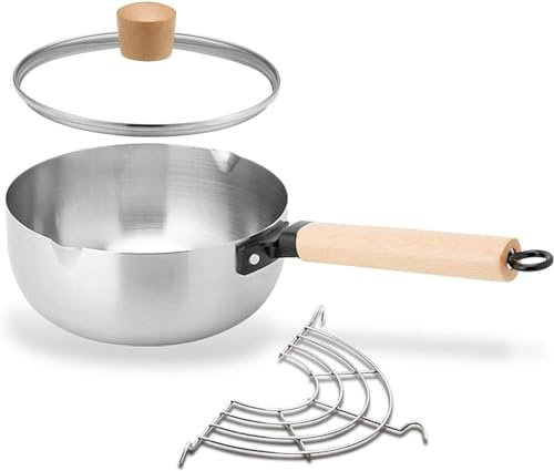 Traditional Japanese Yukihira Saucepan with Wooden Handle and Oil Drip Rack, Nonstick Stainless Steel Pot Hammered Milk Sauce Pan for Ramen[Energy Class A] (Size : 20cm)