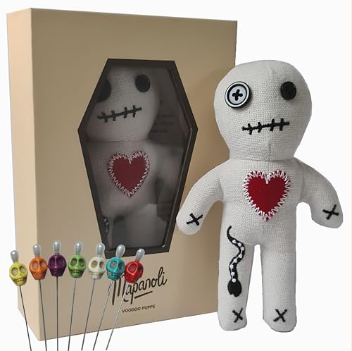 Mapanoli Voodoo Puppe (Weiß) – Deko- und Scherzartikel für Erwachsene | Mit Totenkopf-Nadeln, Sargbox & Anleitung | Handgefertigt, 16 cm